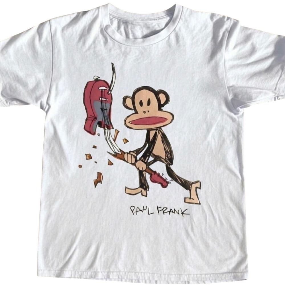 White Gildan Paul Frank Monkey Smashed Guitar #unisex #gildan #cotton